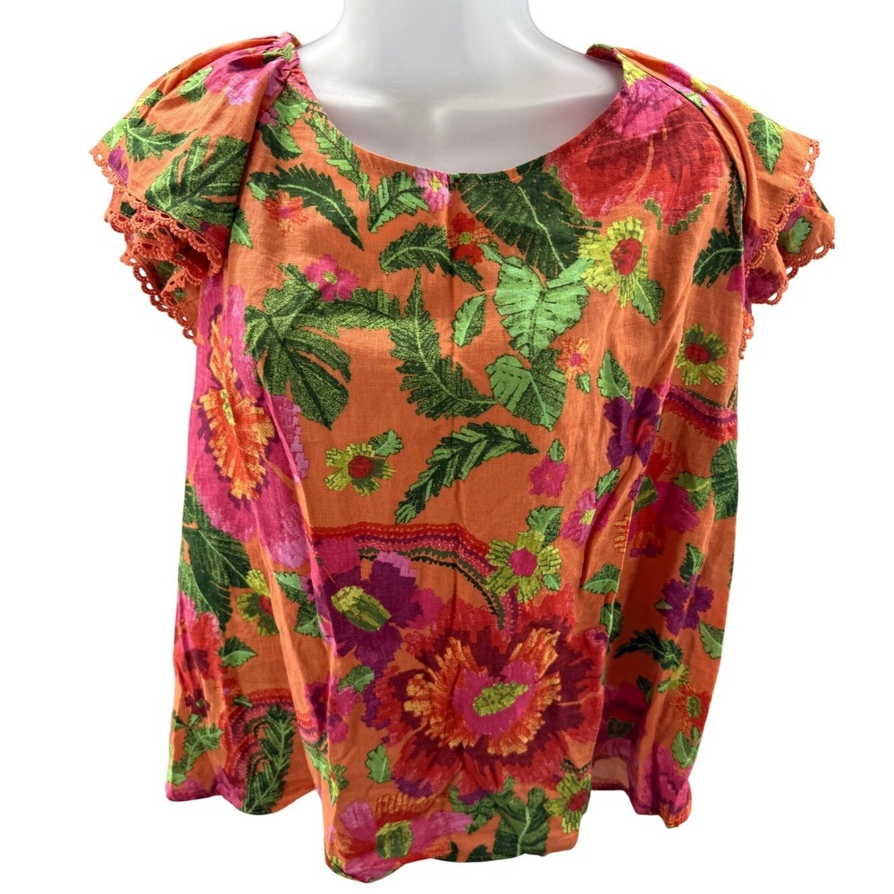 ROSE & THYME Floral Crochet Trim Flutter Sleeve Shirt Linen‎ Womens XL New
